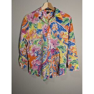 Lauren Ralph‎ Lauren Top Womens Size M Black Multi Floral 3/4 Sleeve Button Up